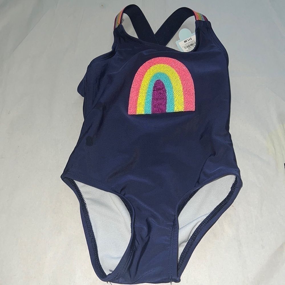 Cat & Jack Navy Sparkling Rainbow stripe crossed straps Sz 3T girls swimsuit new